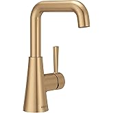 Moen Ronan Bronzed Gold Double Bend Single Hole Modern Bathroom Sink Faucet with Optional Deckplate and Spring Loaded Drain Assembly, 84024BZG