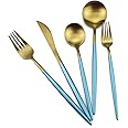 Gugrida Blue Gold Flatware, Royal 5 Piece Matte Blue Handle 18/10 Stainless Steel Tableware Sets for 1 Including Forks Spoons Knives, Camping Silverware Travel Utensils Set Cutlery (Blue Gold)