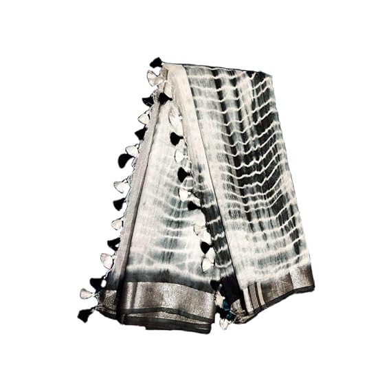 Womens Linen Slub Tie Dyed Black Piping Saree and Blouse (Sibori_001)