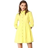 Allegra K Women's Shirt Dress Button Down 3/4 Sleeve School Work Mini Casual Shirtdresses