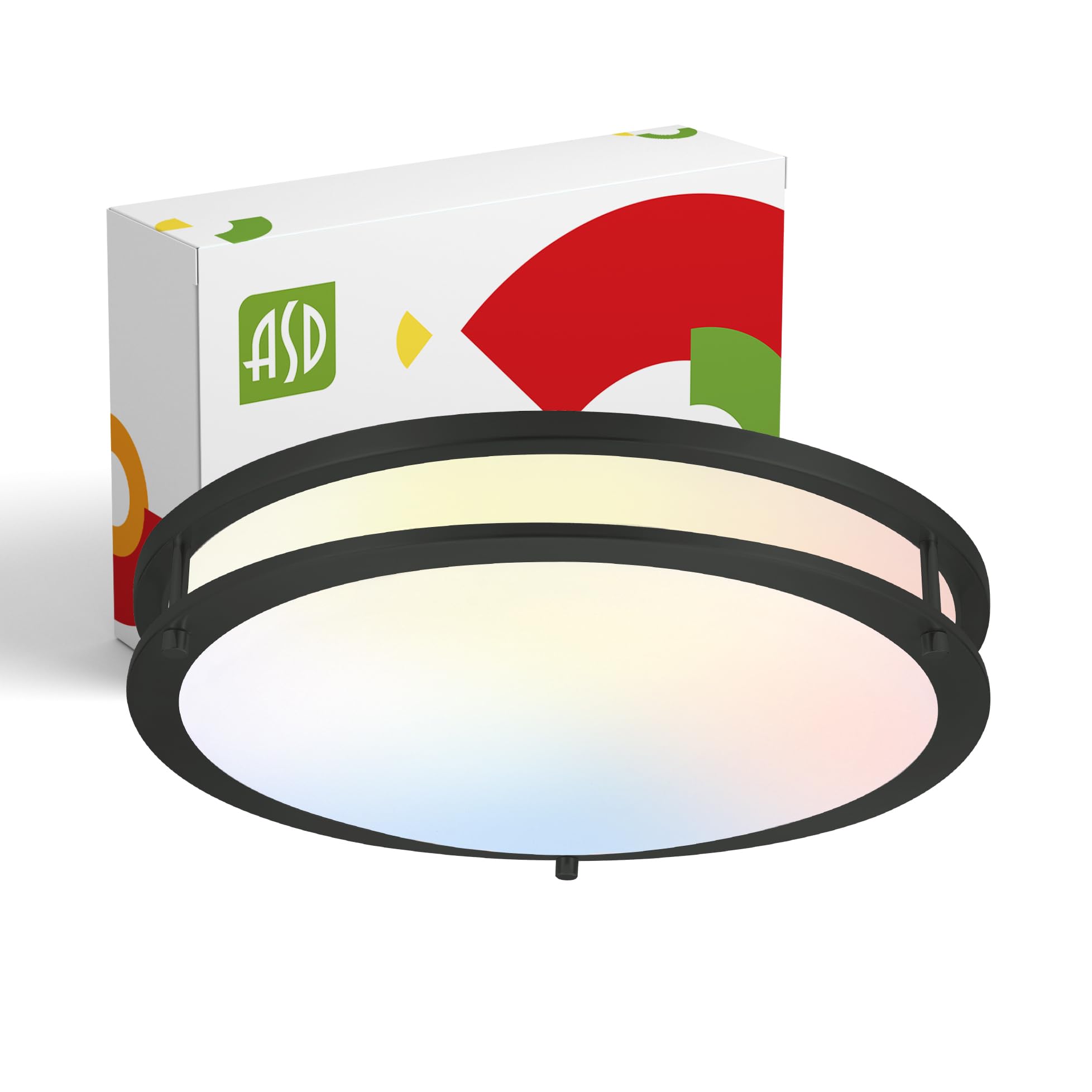ASD LED 16" Round Flush Mount Lighting, Close to Ceiling Light Fixture | 3CCT, Dimmable, Energy Star, ETL Listed | 24W 1900LM 3000-5000K 120V | Low Profile Double Ring Lamp | Black Image