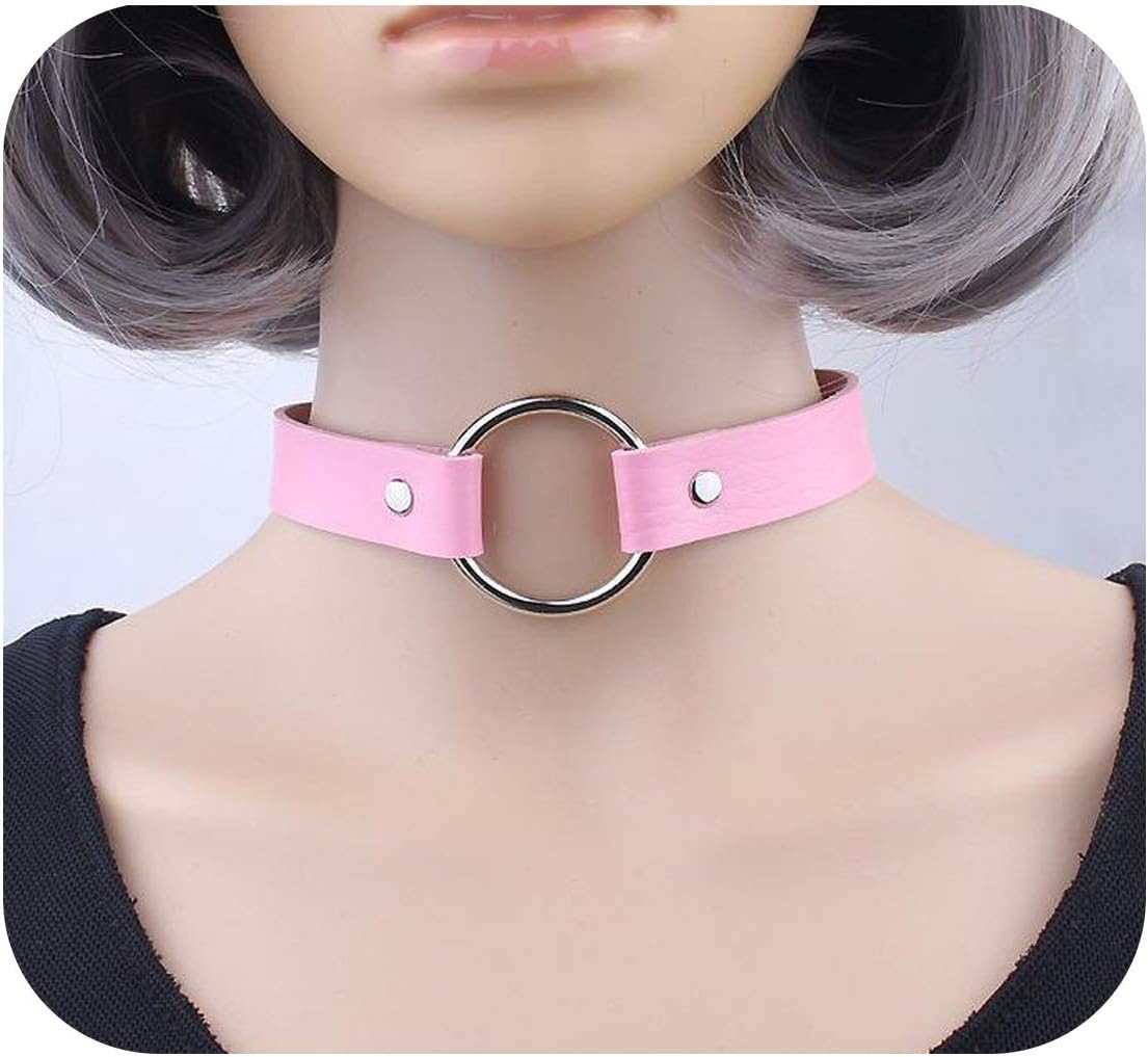Punk Black Leather Choker Necklace Women Circle Chokers Necklaces Funky Pink Choker Collares Collier