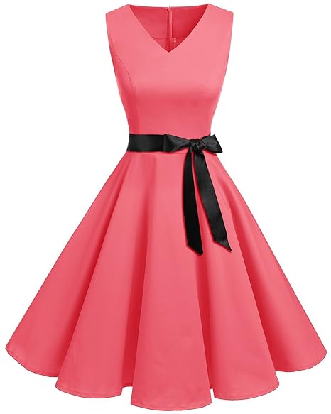 bridesmay 1950er Vintage Cocktailkleid Rockabilly V-Ausschnitt Kleid Retro Schwingen Kleid Faltenrock