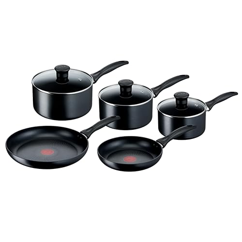 Tefal Induction Non‑Stick Coating 5‑Piece Cookware Set, 16/18/20 cm Saucepans + 22/26 cm Frying Pans, Thermo‑Signal, Glass Lids, All Hobs Including Induction, Black - G155S54