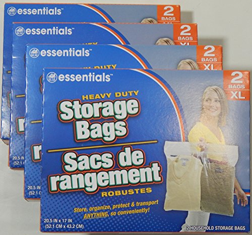 essentials(TM) Heavy Duty Clear Plastic Storage Bags w/ Zip-Lock & Carry Handle, 2-Count Extra Large (Pack of 4)