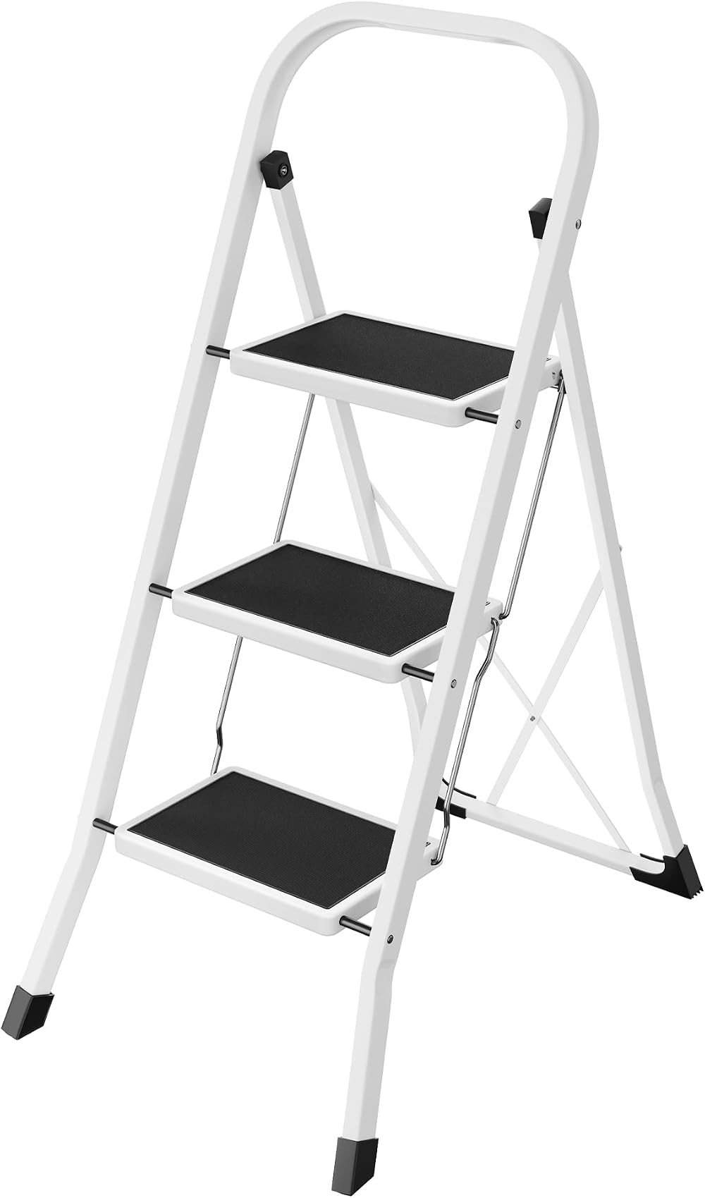 SONGMICS 3-Step Folding Ladder GSL03WT Space-Saving Steel Ladder with Safety