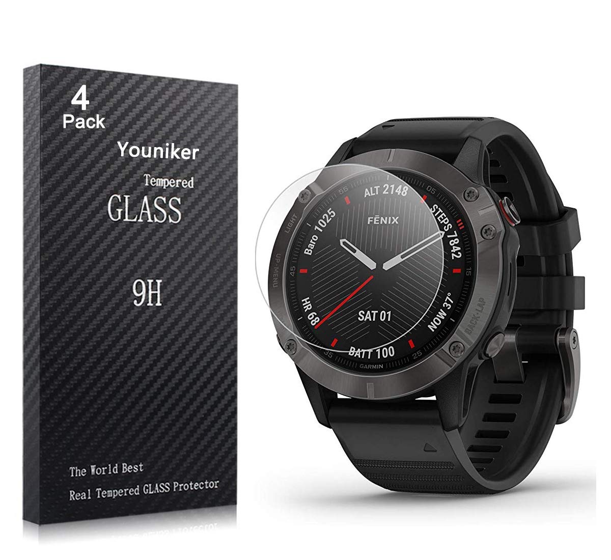 Youniker 4 Pack for Garmin Fenix 6 Pro Screen Protector Tempered Glass for Garmin Fenix 6 Smartwatch Screen Protectors Film Cover for Fenix 6 Sapphire Anti-Scratch Bubble Free