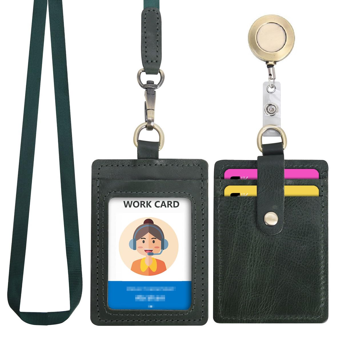 Wonderpool ID Badge Holder Genuine Leather Card Slots Case with Detachable Neck Lanyard and Retractable Badge Reel for Office School Hospital Exhibition ID & Driver Licence (Green)