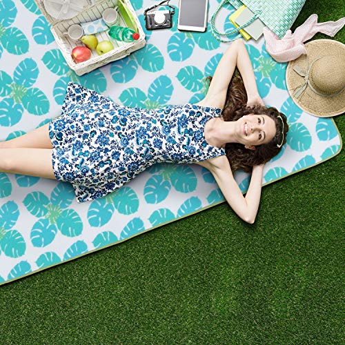 WolfWise 79"x79" XXL Picnic Blanket Extra Large Fleece Beach Mat with Waterproof Backing Anti Sand, Green Small Monstera