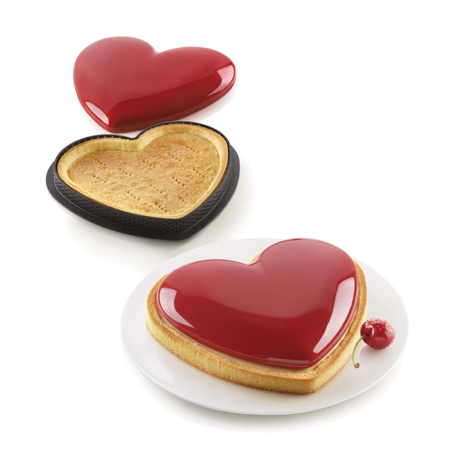 Silikomart | Kit Tarte Mon Amour, Heart Cake Set with Microperforated Ring + Decorative Mould, TPLUS Ring 200x190mm h20mm, Silicone Mould 188x158mm h26mm, Made in Italy