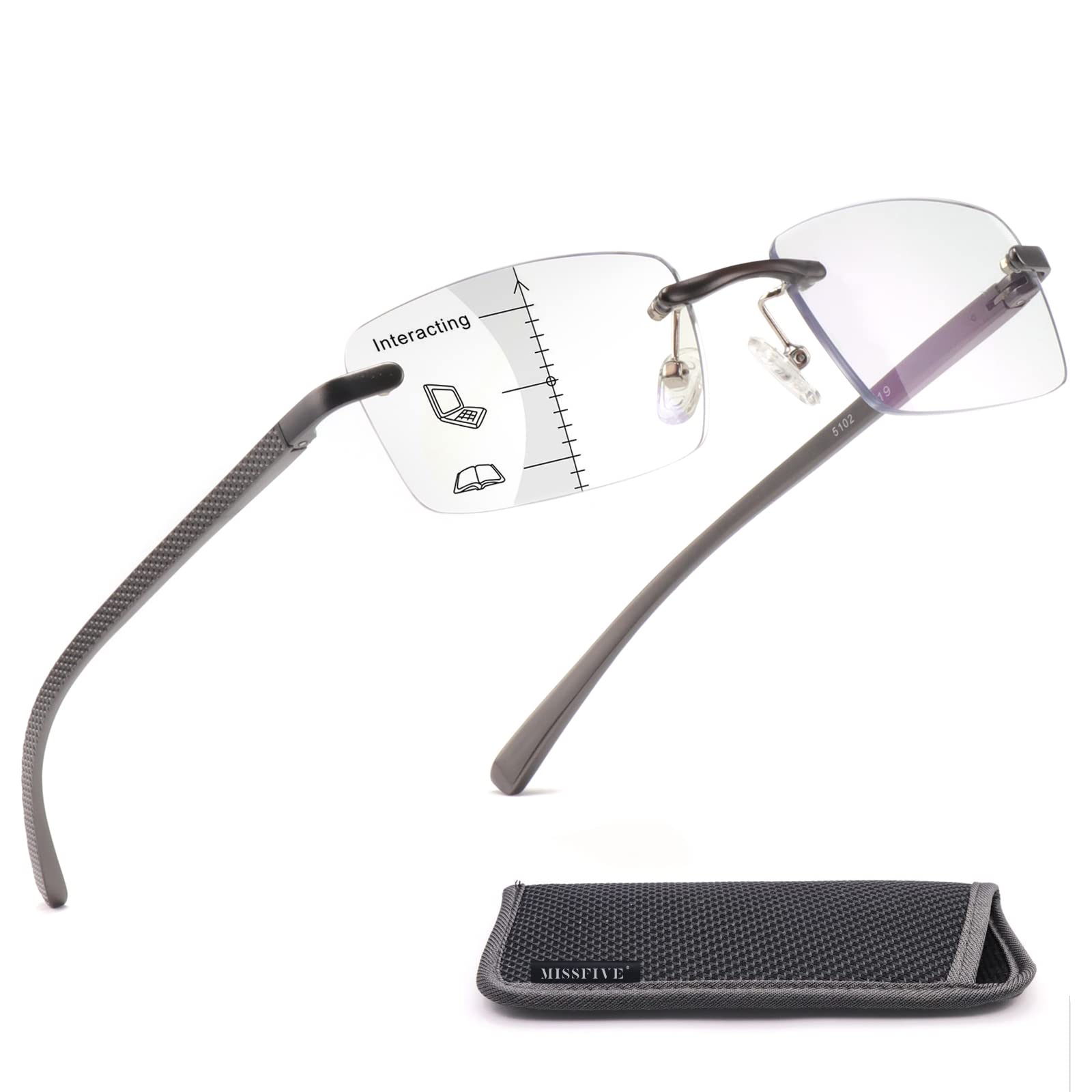 Photo 1 of Premium Aluminum Progressive Multifocus Reading Glasses Men Blue Light Blocking, MISSFIVE No-Line Spring Hinge Rimless Office Multifocal Metal Readers,0.75x-1.5x on A Lens for Mid-Near Range, Gunmetal