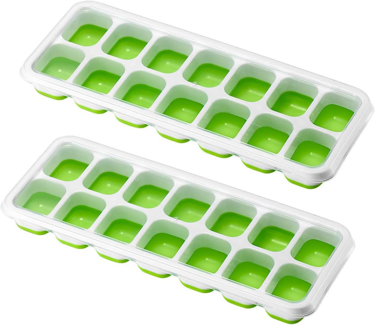 TOPELEK Ice Cube Trays 2 Pack, Easy-Release Silicone and Flexible 14-Ice Trays with Spill-Resistant Removable Lid, LFGB Certified and BPA Free, Stackable Durable and Dishwasher Safe (Green)