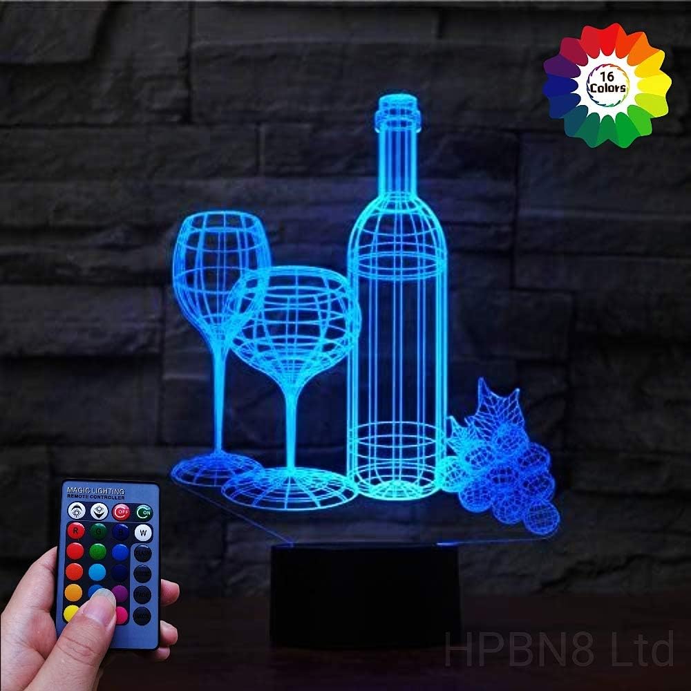 HPBN8 Ltd 3D Red Wine Glass Red Wine Night Light USB Powered Touch Switch Remote Control LED Decor 3D Lamp 7/16 Colors Changing Xmas Brithday Children Kids Toy