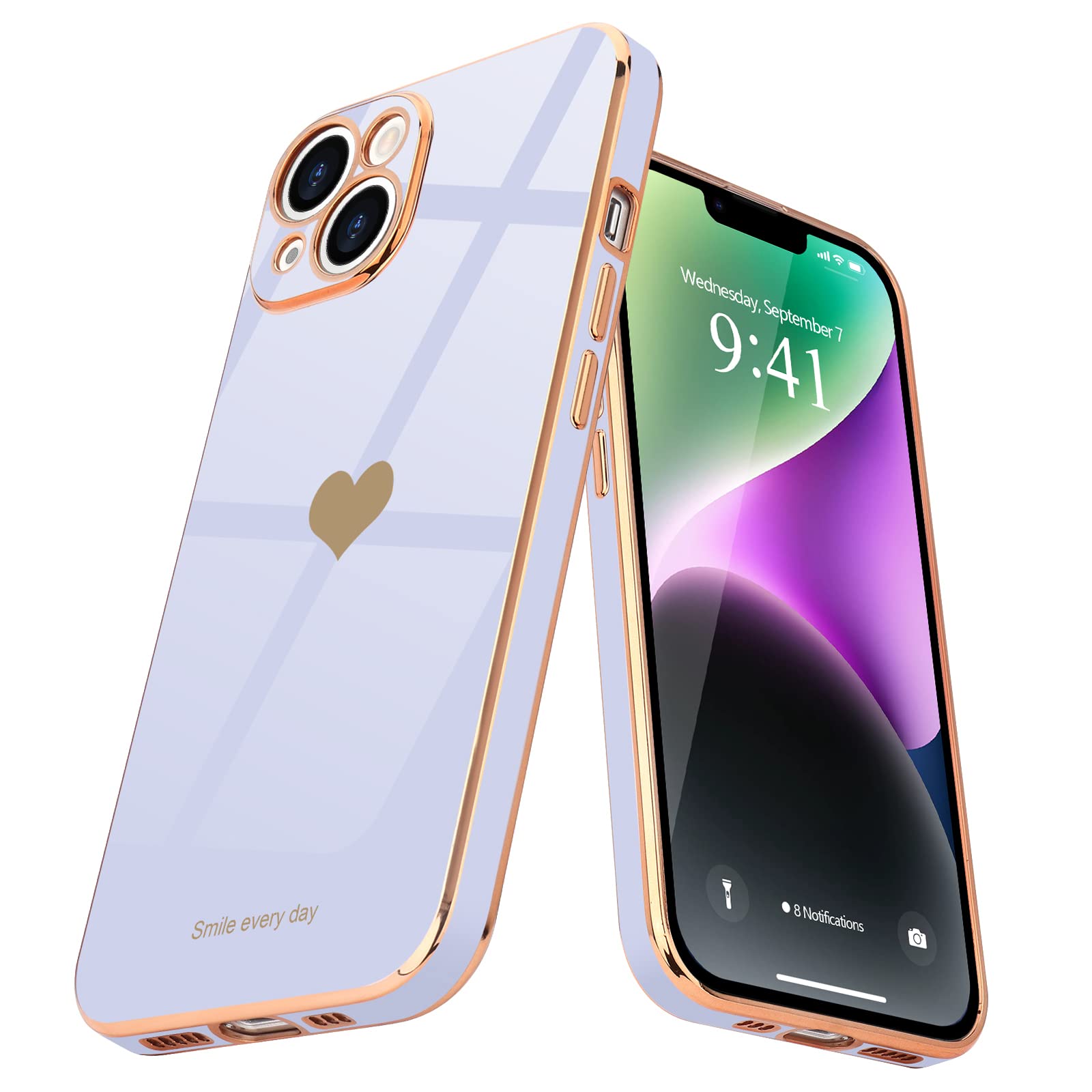 Teageo for iPhone 14 Case Cute Heart Pattern for Women Girls Slim Luxury Bling Plating Soft TPU Anti-Scratch Shockproof Bumper Phone Case for iPhone 14, Lilac โ image 1