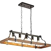 Feohak Farmhouse Chandeliers for Dining Room, 5-Light Rustic Kitchen Island Light Fixture, Wood Linear Industrial Black Recta