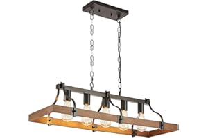 Farmhouse Chandeliers for Dining Room, 5-Light Rustic Kitchen Island Light Fixture, Wood Linear Industrial Black Rectangular 
