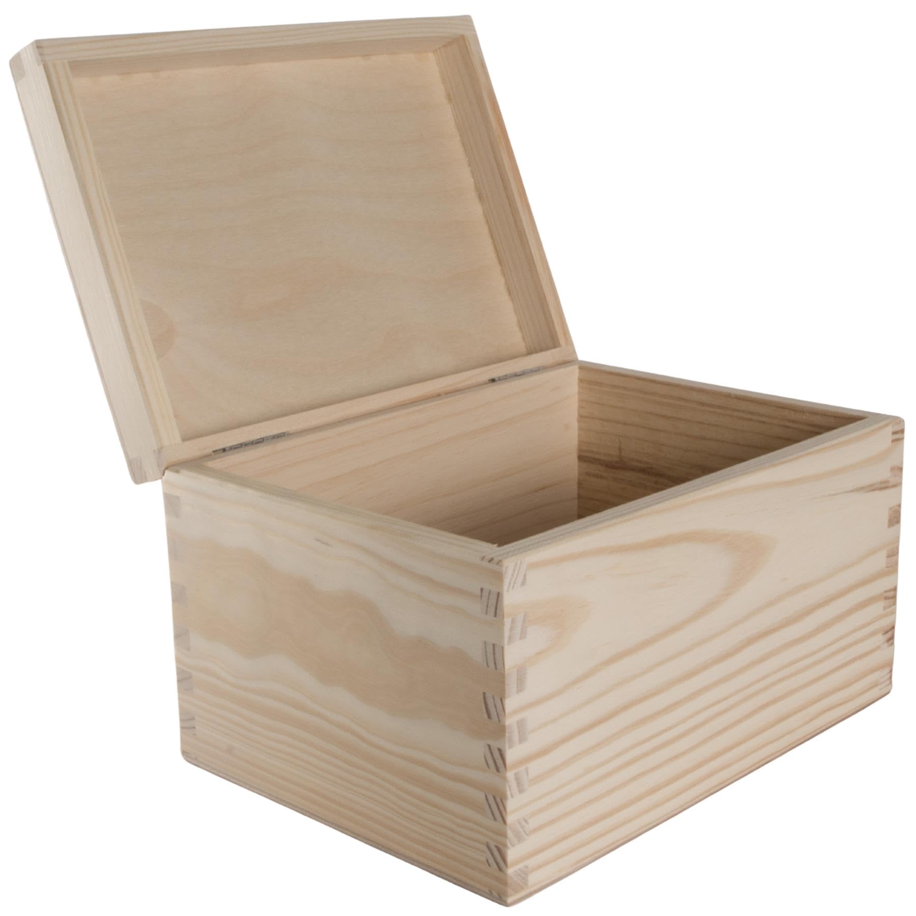 WooDeeDoo Rectangular Wooden Storage Box with Hinged Lid – 22 x 16 x 13.5 cm – Unfinished Pine Craft Case for Keepsakes A6 Paper Photos Gift Projects