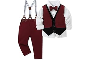 SANMIO Toddler Boy Clothes Suits Little Boys Dress Shirt+Layered Vest+Bowtie+Straps+Pants 5Pcs Boy Wedding Outfits