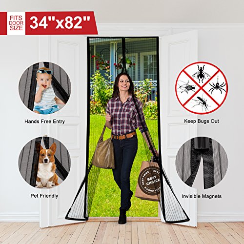 Magnetic Screen Door Full Frame Velcro Mesh Door Curtain Polyester Soft Yarn Mesh Magnet Keep Bugs Mosquitoes Out Fits Doors Up to 34"x 82" Toddler and Dog Friendly