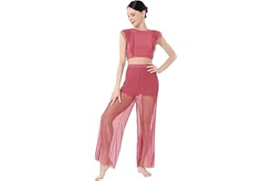 ODASDO Women Two Piece Lyrical Dance Costumes Criss Cross Crop Tops + Mesh Tulle Wide Leg Pants Modern Contemporary Dancewear