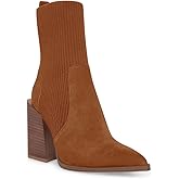 Lvemas Womens Chunky Stacked Heel Ankle Boots Pointed Toe Booties Slip On Ribbed Knit Sock Boot