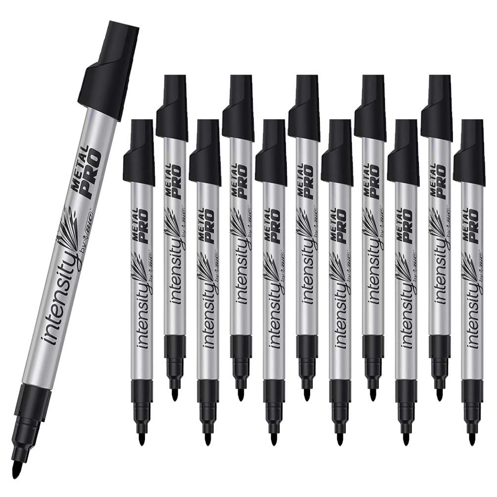 12 x BIC Intensity Metal PRO Permanent Marker, Fine Tip, Bullet Point Pens For Wood, Glass, Plastic & Metal [BLACK] (OEM Packed - Non-Retail Packaging)