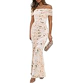 LUXVEER Wedding Guest Dresses for Women 2026 Floral Formal Cocktail Maxi Styles Off The Shoulder Stretch Sexy Bodycon Dress