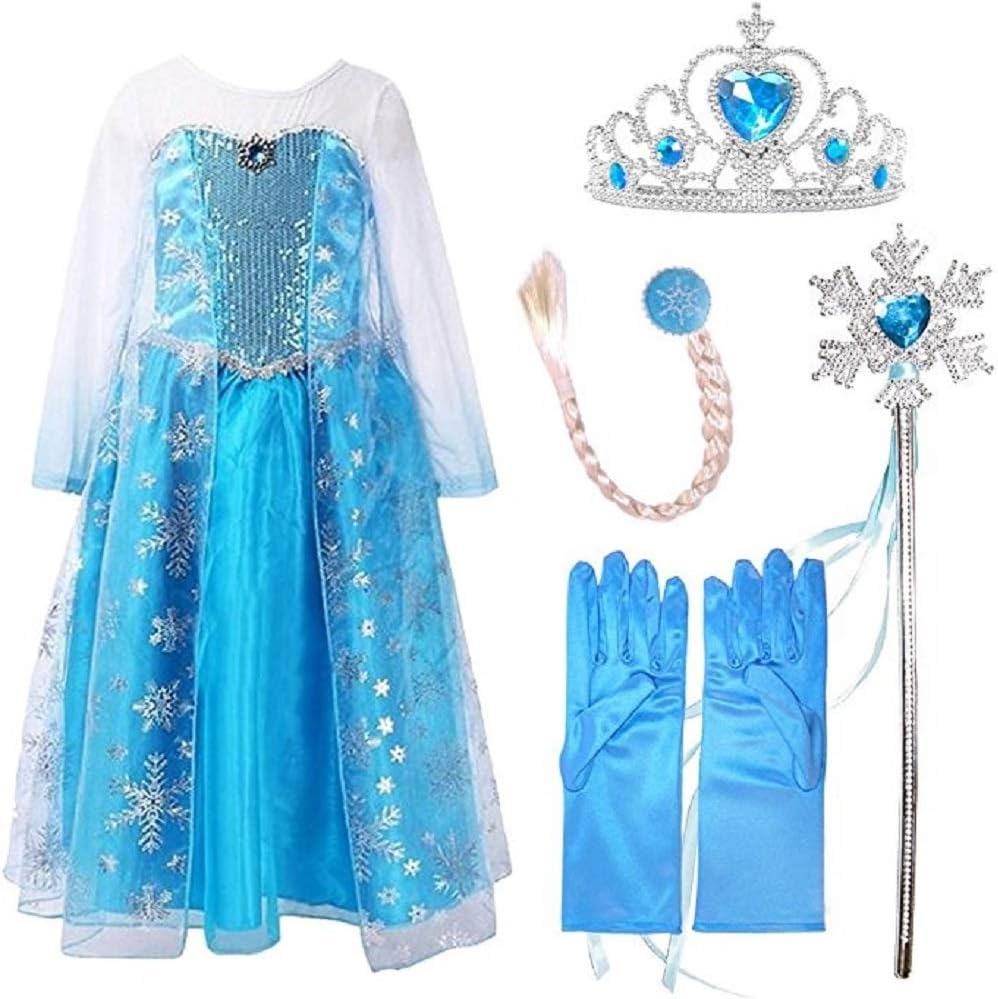 Ice Queen Princess Deluxe Fancy Costume Snowflakes Train Dress + Accessories