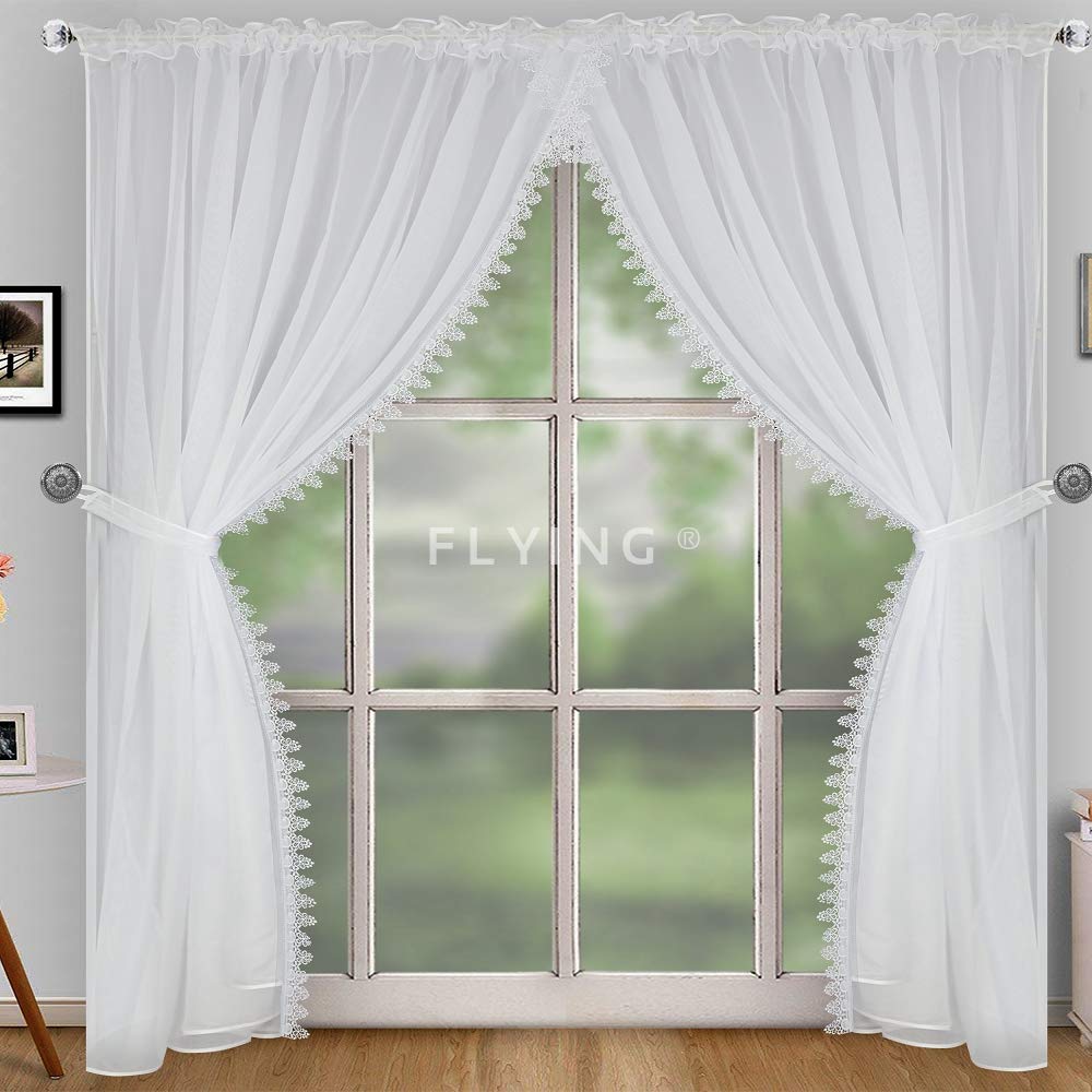 FKL DESIGN Home Deco LB-11-A Balcony Curtain, Beautiful Ready-Made Curtain, Voile with Pleated Tape, Ruffle Tape, Short, Modern Window, White Guipure, LB-11-A (250 x 400 cm)