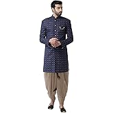KISAH Men's Navy Blue Printed Sherwani & Beige Dhoti Set | Traditional Indian Wear for Weddings & Festive Ocassions