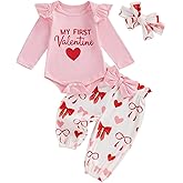 MoZiKQin Baby Girl Valentines Day Outfit My First Valentine Romper Onesie Hearts Print Pants Headband Newborn Clothes Set