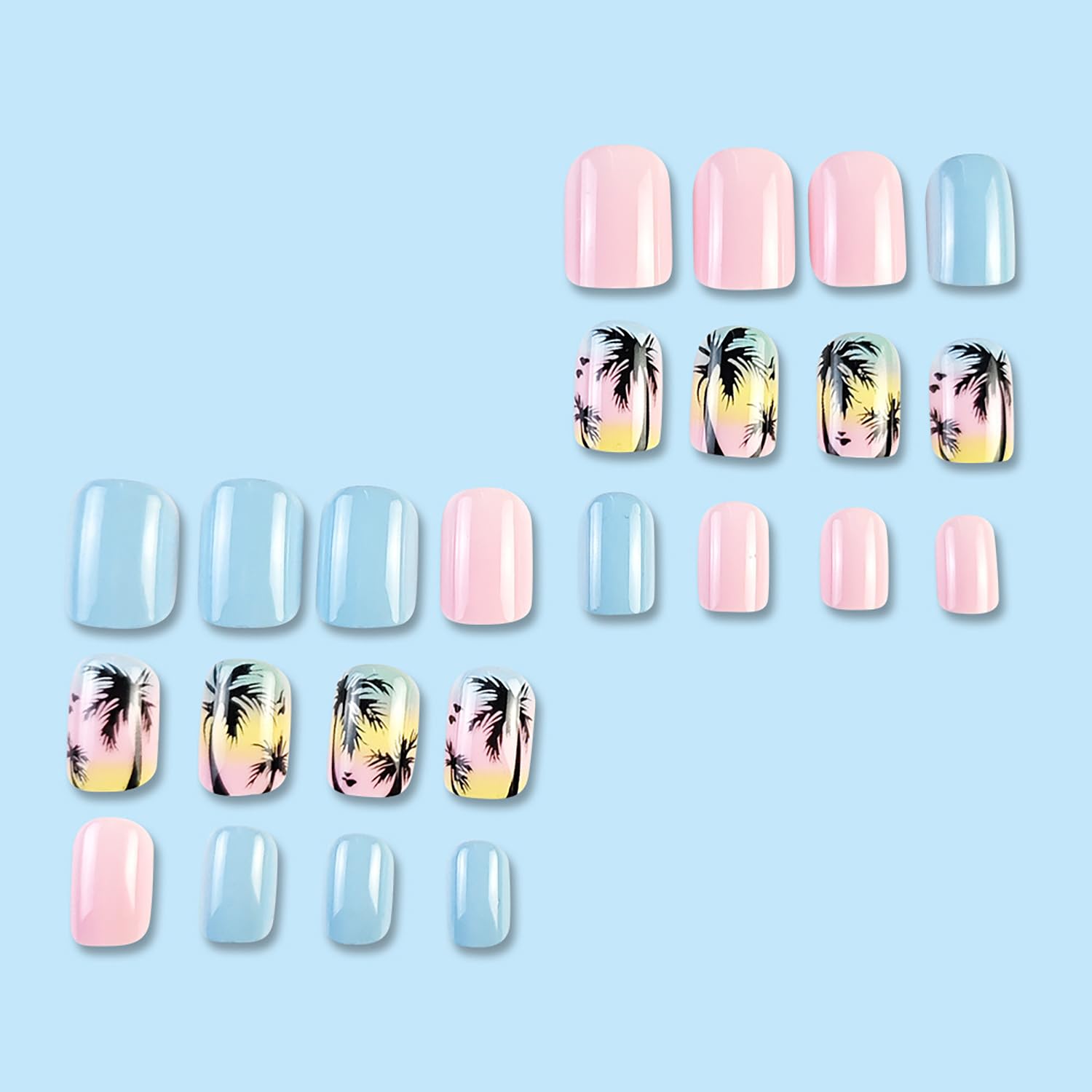 24 Pcs Short Square Press on Nails Colorful RIICFDD Fake Nails Summer Beach Style False Nails with Coconut Palm Designs Artificial Glossy Acrylic Nail Full Cover Glue on Nails for Women Girls - Image 4