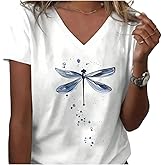 SweatyRocks Women's Blue Dragonfly Graphic Tees Short Sleeve V Neck T Shirts Cute Tops