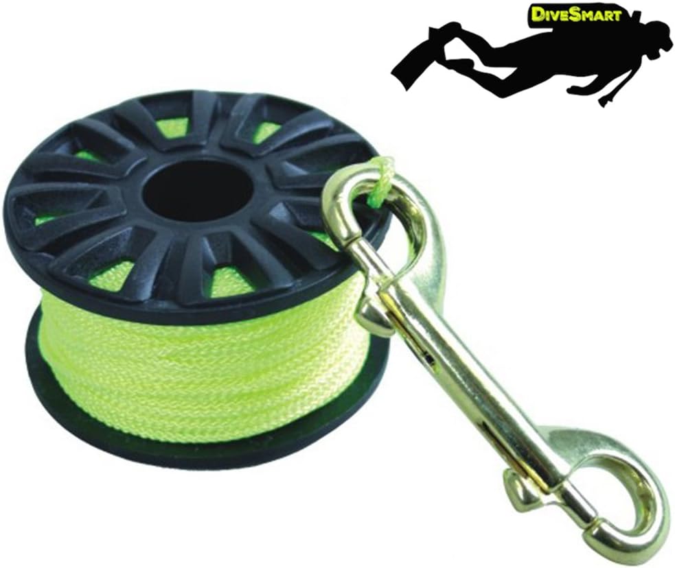 DiveSmart Finger Spool Reel with Double Ended Brass Hook and High Visibility Neon Yellow Line (75ft', 100ft', 150ft') - for Cave and Wreck Exploration and Scuba Diving
