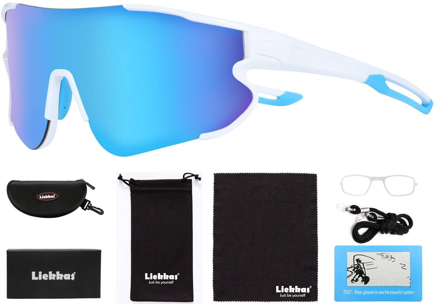 Liekkas Polarised Sports Sunglasses For Men Women Lightweight Running Cricket Cycling Glasses UV Protection White Blue