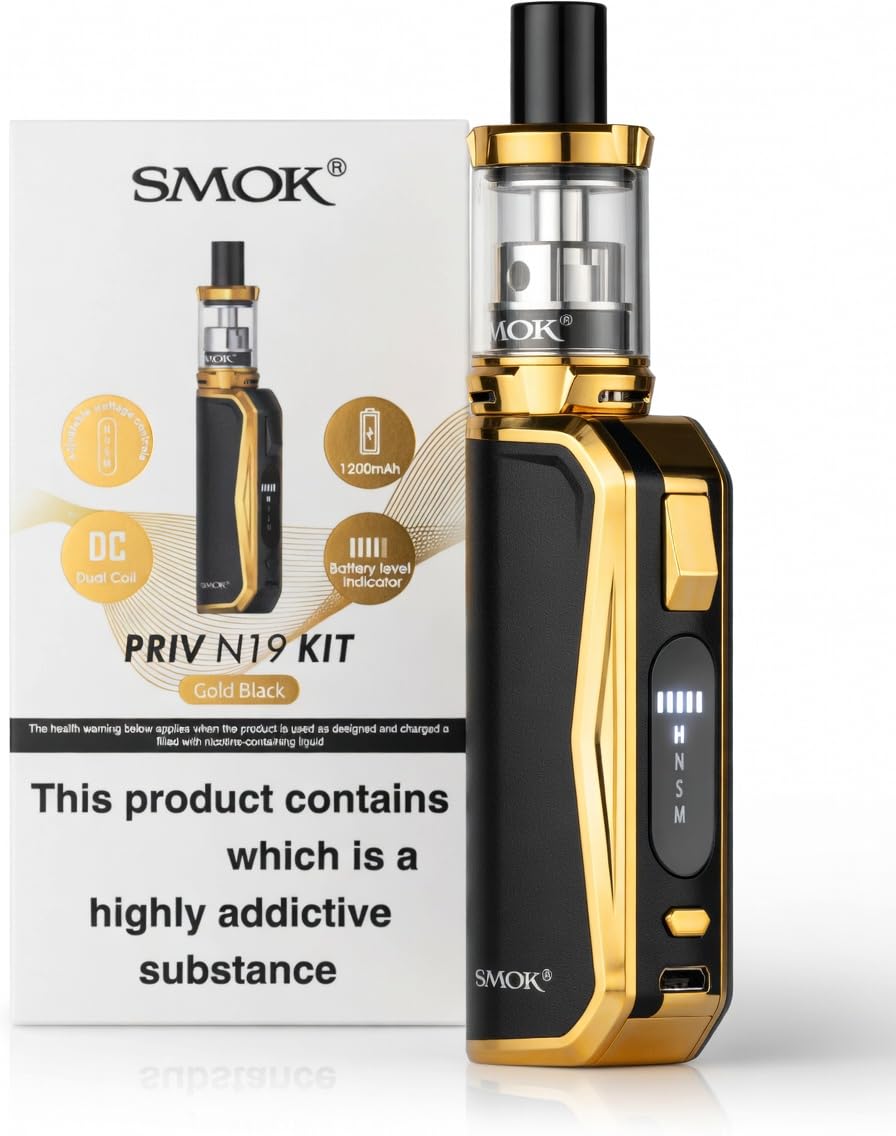 SMOK PRIV N19 Vape Kit [Gold Black] - Brilliant Performance, Rechargeable 1200mAh Battery, Sleek, Compact, Powerful, Pen Style, Works With Nord Coils, 2mL Capacity, E Cigarette, No Nicotine