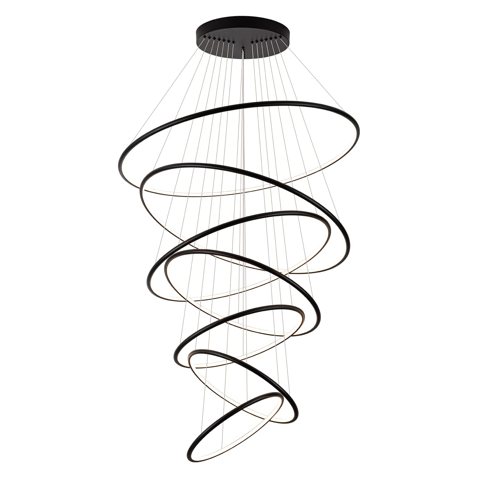 MADEM Modern LED Chandeliers 7 Rings Black Chandelier Contemporary Ceiling Pendant Light Fixture for Staircase Foyer High Ceiling Living Room, 3000K Warm White, 200W