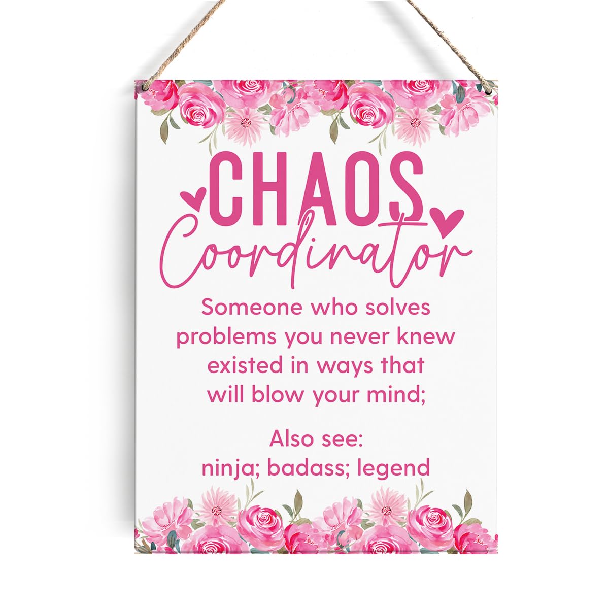 GUDIAO Funny Pink Office Quote Chaos Coordinator Signs Wall Decor Desk Accessories Rustic Wooden Hanging Sign Decoration for Home Office Door 8 x 10