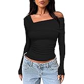Darong Women's Off Shoulder Tops Y2K Shirt Slim Fit Ruched Crop Top Long Sleeves Spring Fall Blouse Going Out Shirt