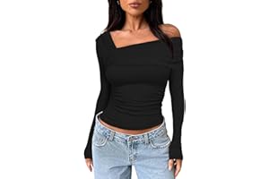 Darong Women's Off Shoulder Tops Y2K Shirt Slim Fit Ruched Crop Top Long Sleeves Spring Fall Blouse Going Out Shirt