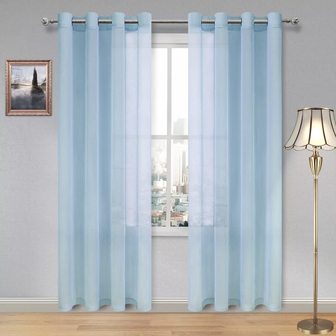 DWCN Sky Blue Sheer Curtains Textured Semi Transparent Eyelet Top Decorative Voile Curtain for Living Bedroom, 55" Wide x 96" Drop, 2 Panels