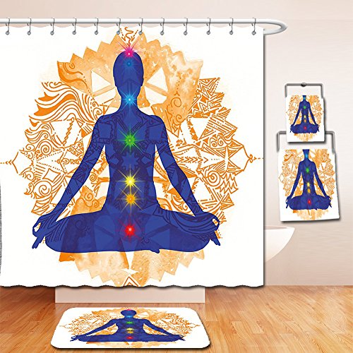 Nalahome Bath Suit: Showercurtain Bathrug Bathtowel Handtowel Chakra Decor Silhouette of an Body in Yoga Lotus Position with Chakra Illumination Pattern Blue Orange