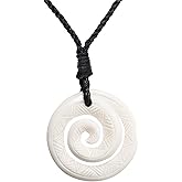 81stgeneration Handmade Necklace Round Koru Carved Bone Pendant with Tribal Engravings - Maori Style Jewelry - Black Cord Surfer Necklace for Women - Men's Natural Bone Necklace