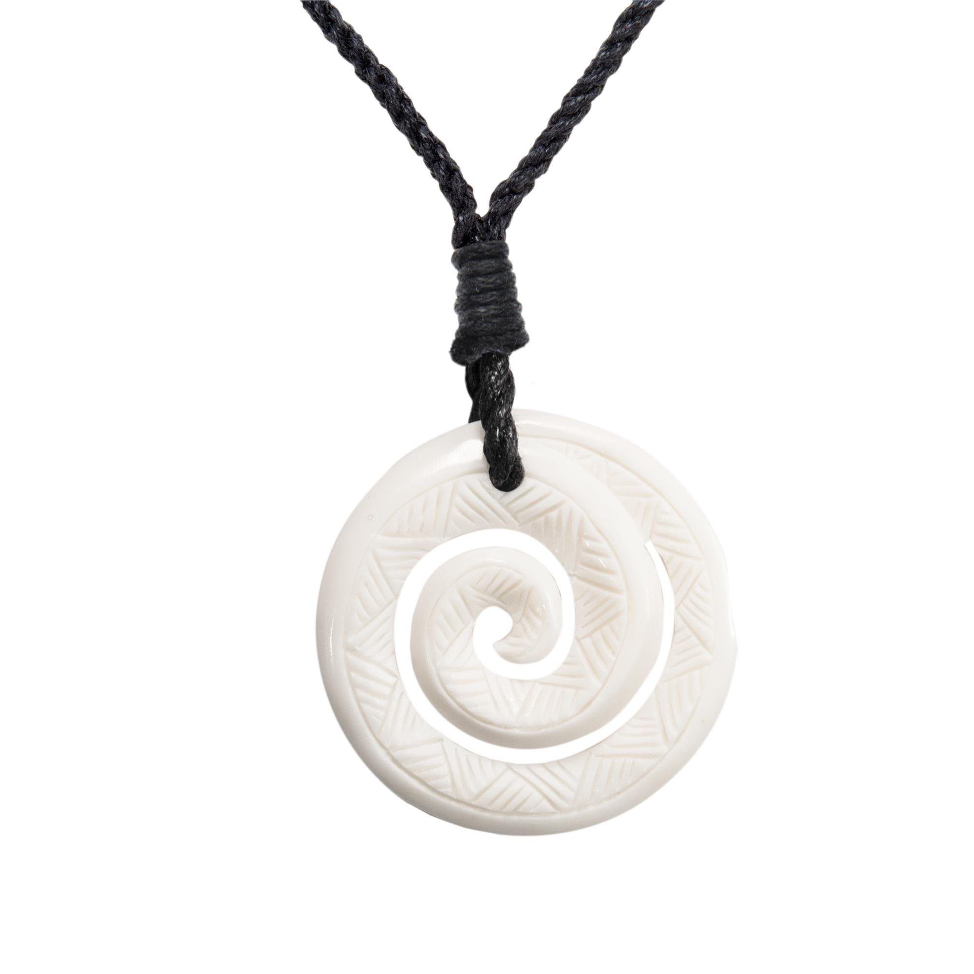 81stgeneration Handmade Necklace Round Koru Carved Bone Pendant with Tribal Engravings - Maori Style Jewellery - Black Cord Surfer Necklace for Women - Men's Natural Bone Necklace