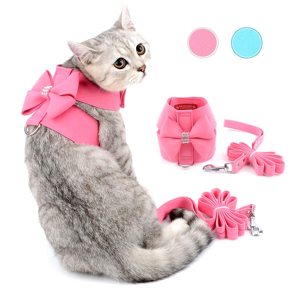 Zunea Soft Suede Small Dog Cat Harness and Lead Sets Cute Bow Tie and Bling Rhinestore No Pull Puppy Vest Harness for Chihuahua Kitten Escape Proof for Walking Running (Pink, S)