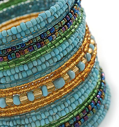 Avalaya Wide Snow Light Blue/Gold/Peacock/Apple Green Glass Bead Flex Bracelet - Adjustable - 60mm W, gold, green, light blue - Image 4