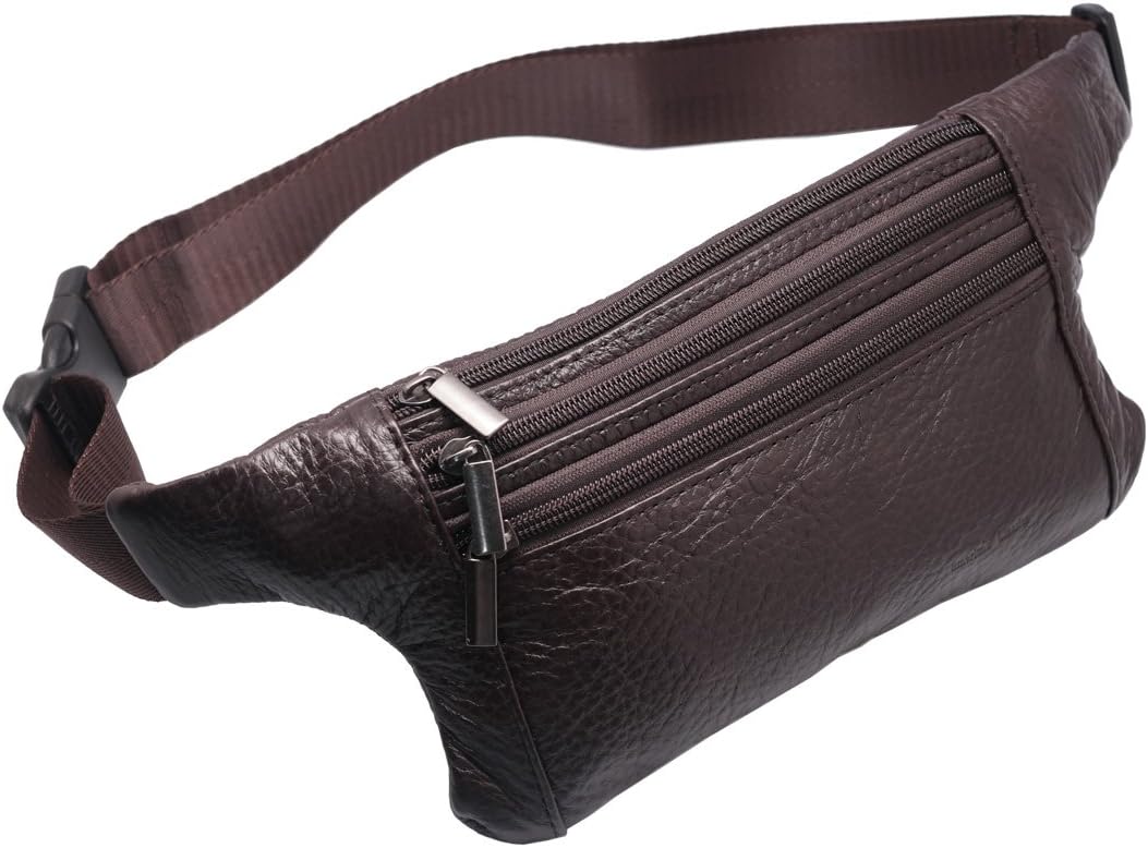 Vidlea Triple Pocket fanny pack Genuine Leather waist bag slim shoulder bag Hip Purse Adjustable Belt strap Casual Pouch Outdoor Day bag (Brown)