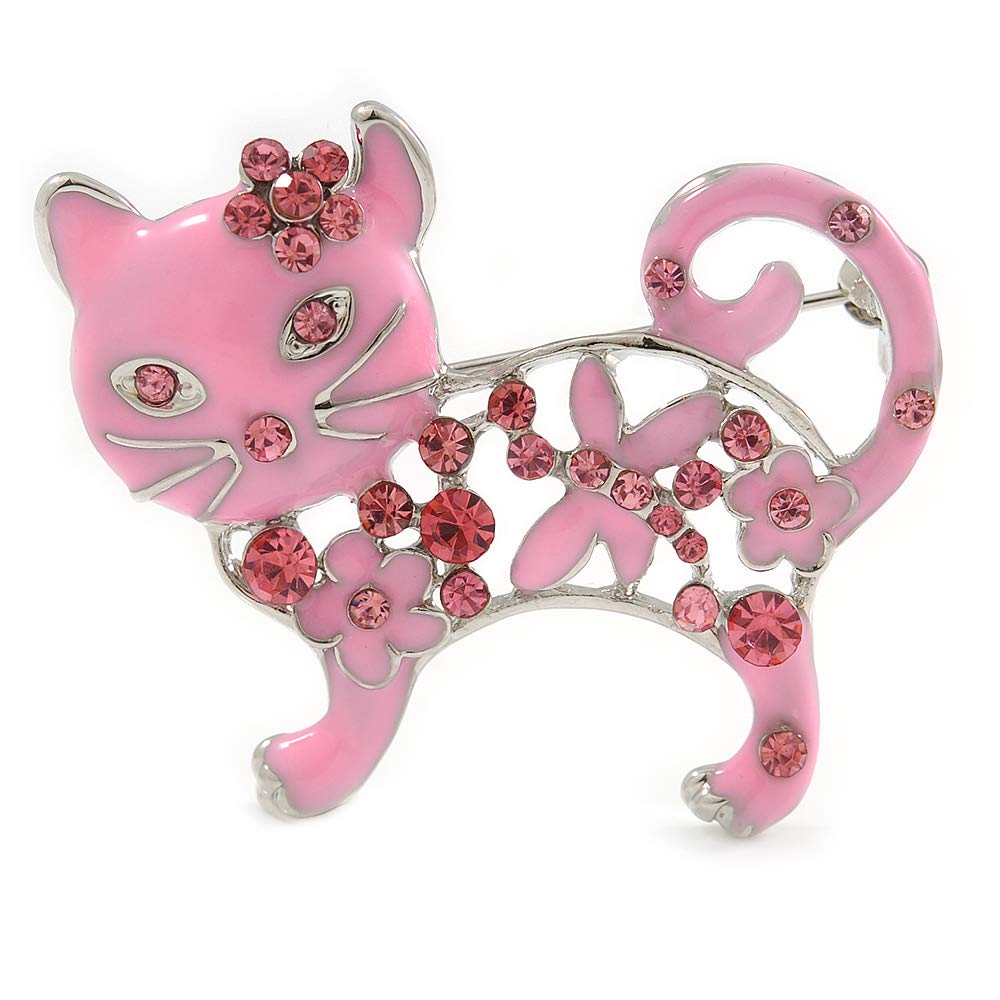 Pink Crystal Enamel Cat Brooch