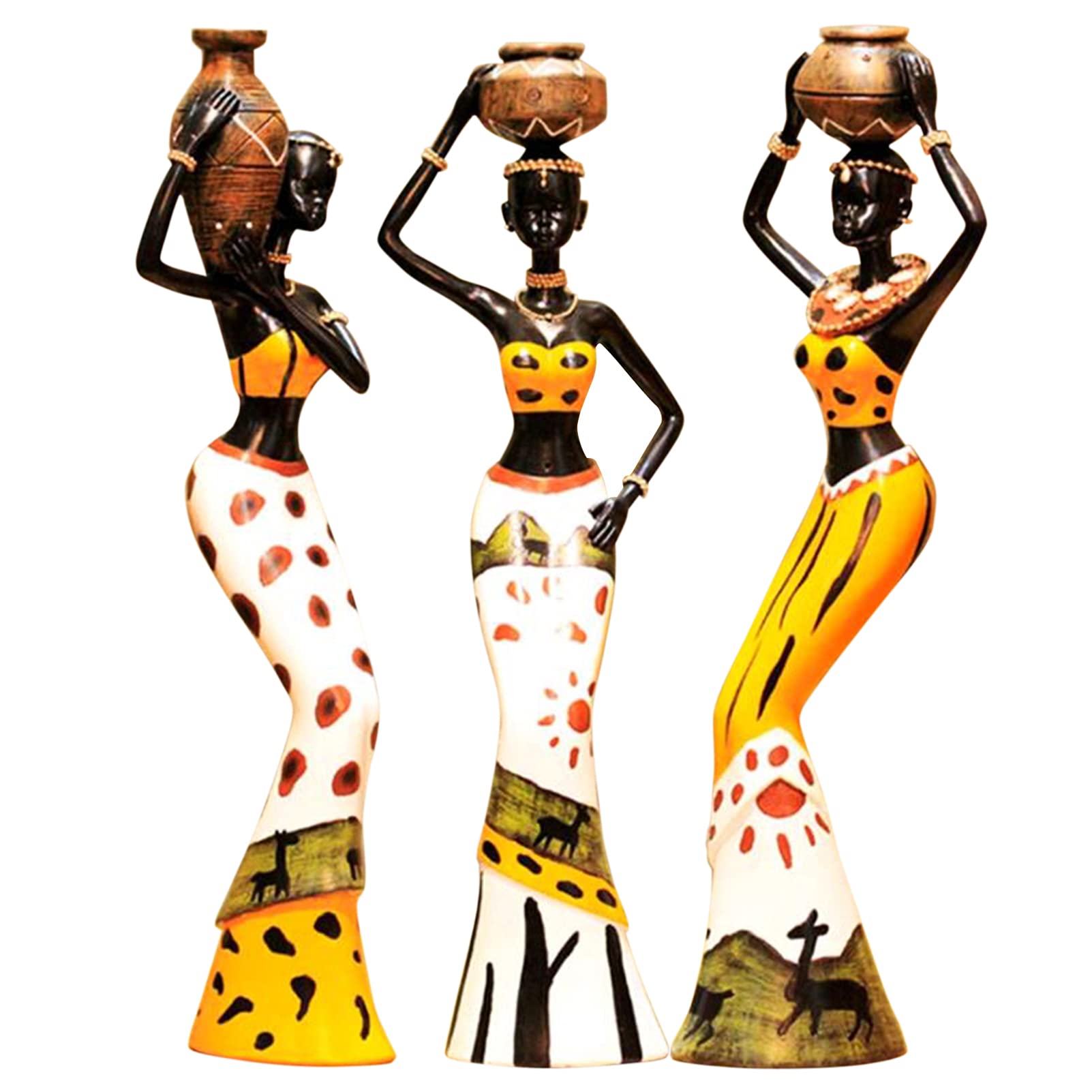 Juanxian 3 Piece Set African Women Figure Art Statues Girls Tribal Lady Figurine Statue Decor Collectible Art Piece Vintage Gift Craft Doll Stand W4545-3Pcs Yellow