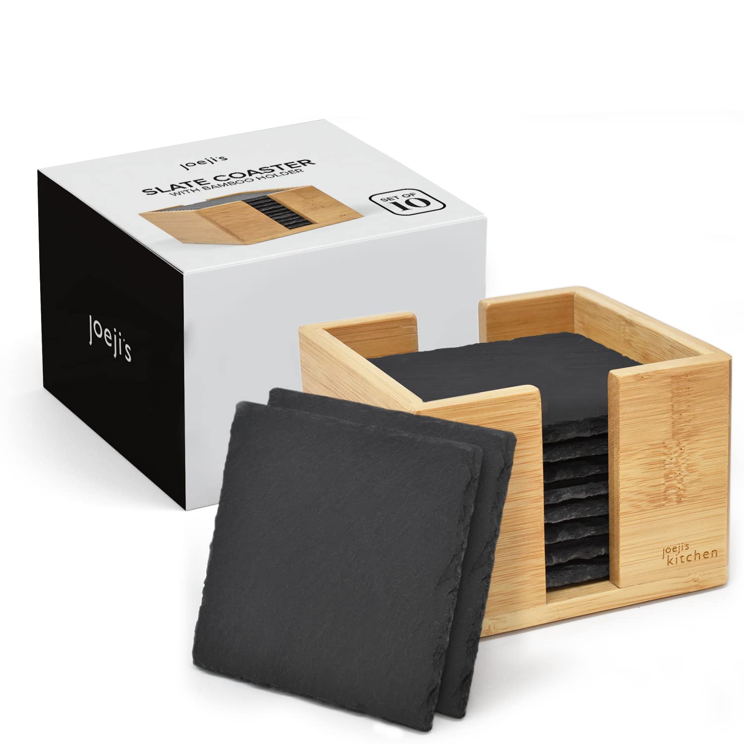 ﻿Joeji's Kitchen Set of 10 Drink Coasters Mats 100% Natural Grey Slate Heat Resistant Slate Coaster Stylish Slate Coasters with Holder Multipurpose Black Coasters for Beer Wine Vase and more